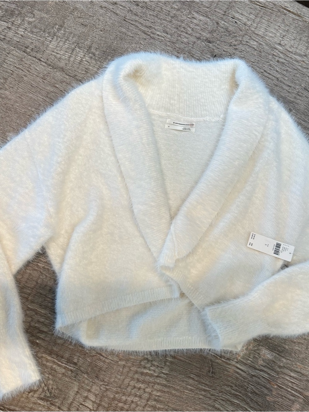 Anthropologie Cream Fuzzy Shawl Collar Cropped Cardigan
